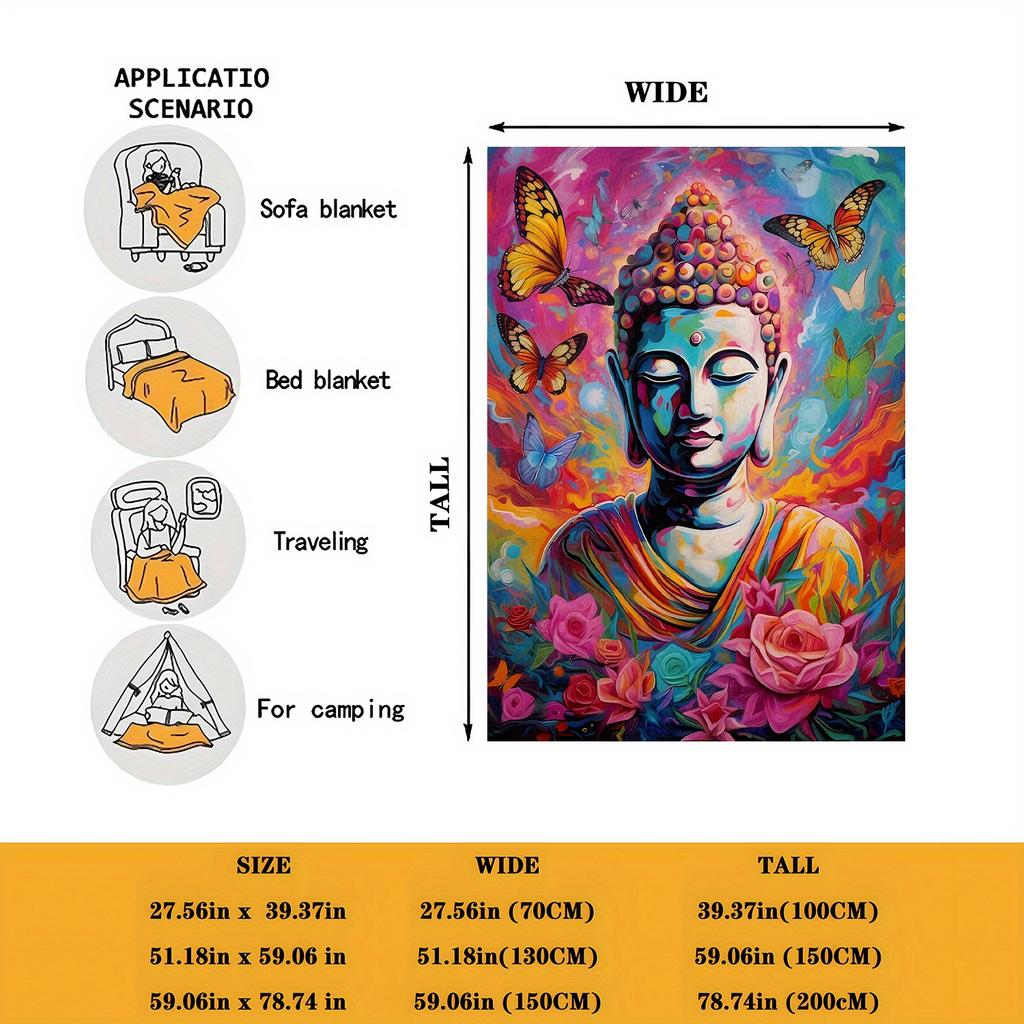 Butterfly and Buddha statue patterns Flannel printed blanket suitable for all seasons suitable for living office sofa and travel
