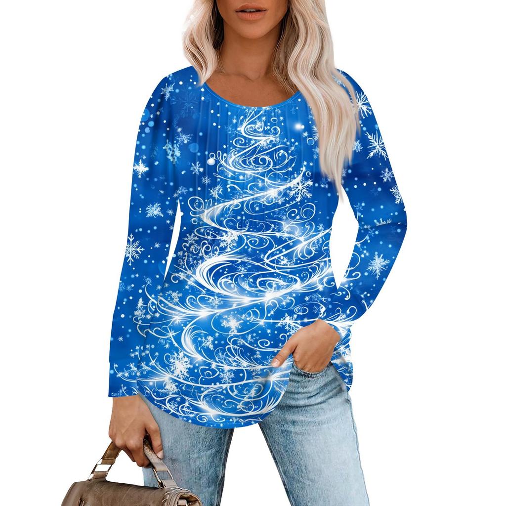 Women's Casual Top Christmas Printed Round Neck Long Sleeved Pleated T-shirt