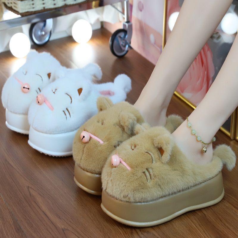 Белые пушистые кошачьи тапочки для дома на платформе с каблуком 6 см, теплые зимние тапочки для женщин, 2024, новые пушистые нескользящие тапочки