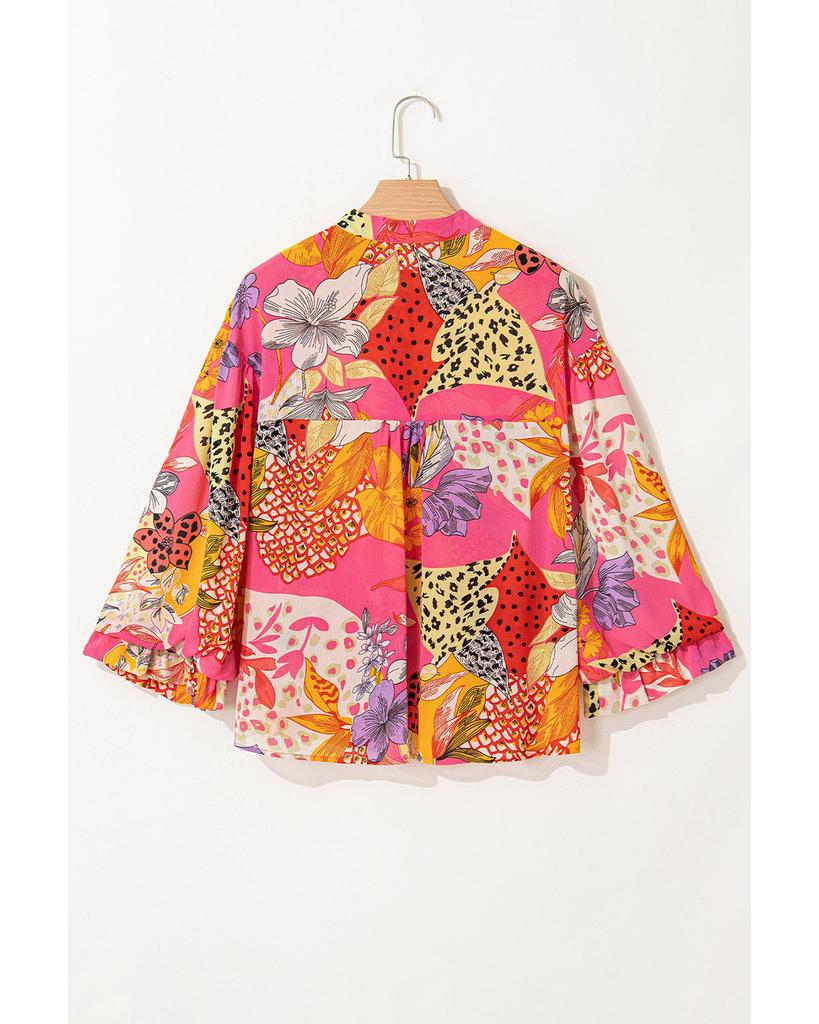 Azura Exchange Красная рубашка с абстрактным цветочным принтом, застегивающаяся на пуговицы и оборками на рукавах-фонариках