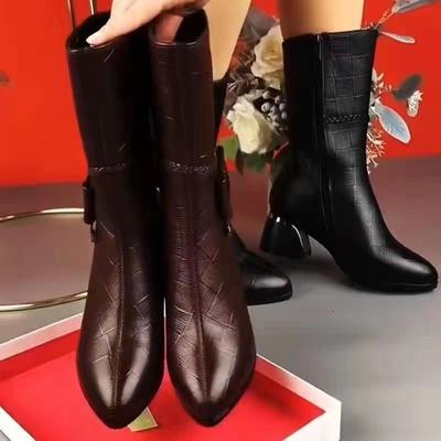 Женские дизайнерские сапоги до середины икры на высоком каблуке, повседневные кожаные сапоги для женщин, плюшевые теплые зимние сапоги Botas Mujer2025