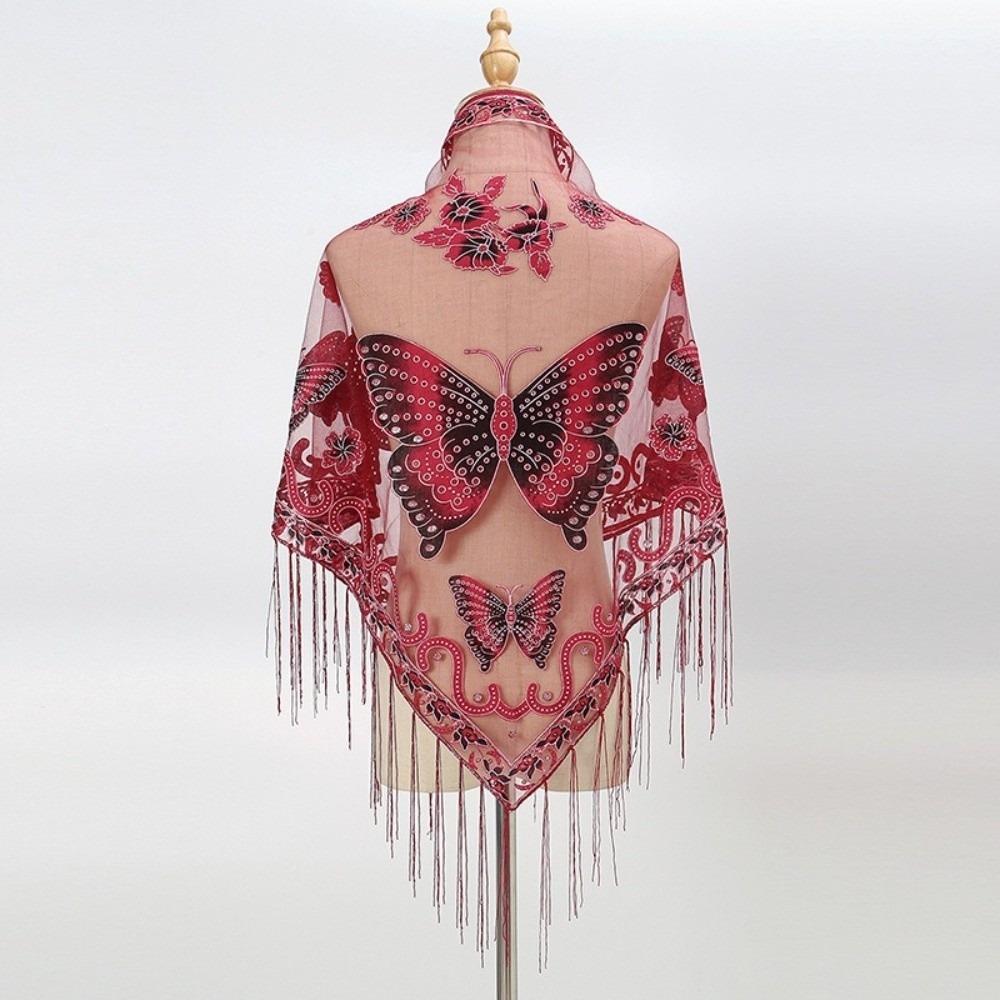 Butterfly Lace Hollow Scarf Polyester Mesh Scarves Elegant Tassel Triangle Shawl Church