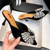 Fashion Luxury Rhinestone Bow Women Sandals High Quality Pointed Toe Thin Heel Slide Sandals Fashion Comfort Party Plus Size Dress Shoes