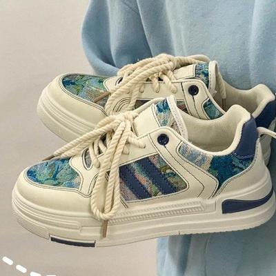 Винтажная обувь для скейтборда, женская весенняя новая женская обувь на платформе с цветными блоками, женская повседневная спортивная белая обувь с круглым носком на шнуровке