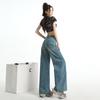 Vintage blue high street loose wide-leg jeans women's American splicing design sense high waist drape scimitar pants niche