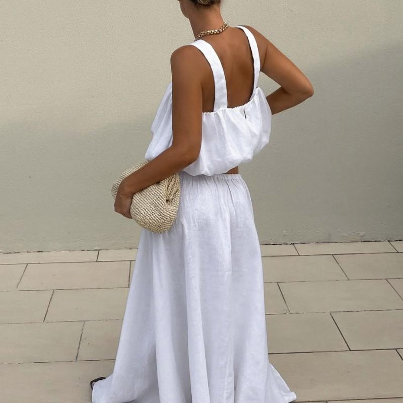 Womens 2026 White Cotton Linen Vest Skirt Set Casual Loose Two-Piece Dress