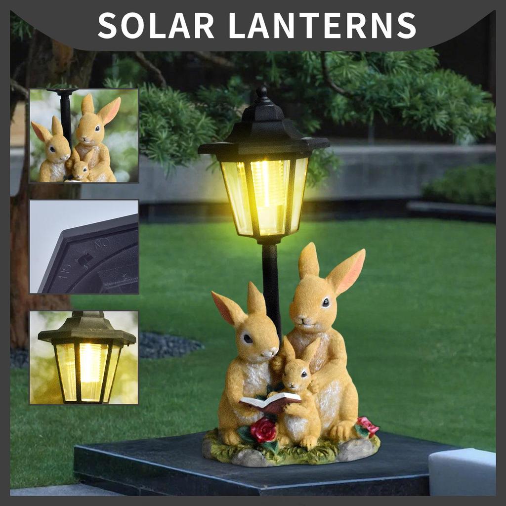 Outdoor Solar Rabbit Family Resin Statue - Courtyard Path Lighting Decoration