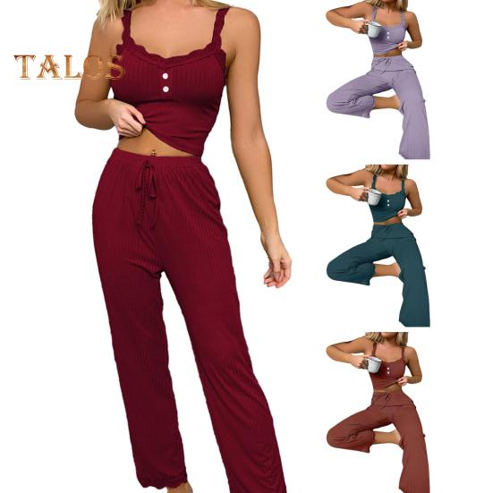 2 шт./компл., женский укороченный топ, брюки, костюм с цветочным краем, V-образным вырезом, эластичный комплект с высокой талией, однотонный эластичный камзол без рукавов, комплект длинных брюк