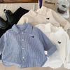 Детские рубашки 2-9 лет Осень Лето Вышивка В полоску Кардиган для мальчиков Хлопковые топы С отложным воротником Детская рубашка с длинным рукавом