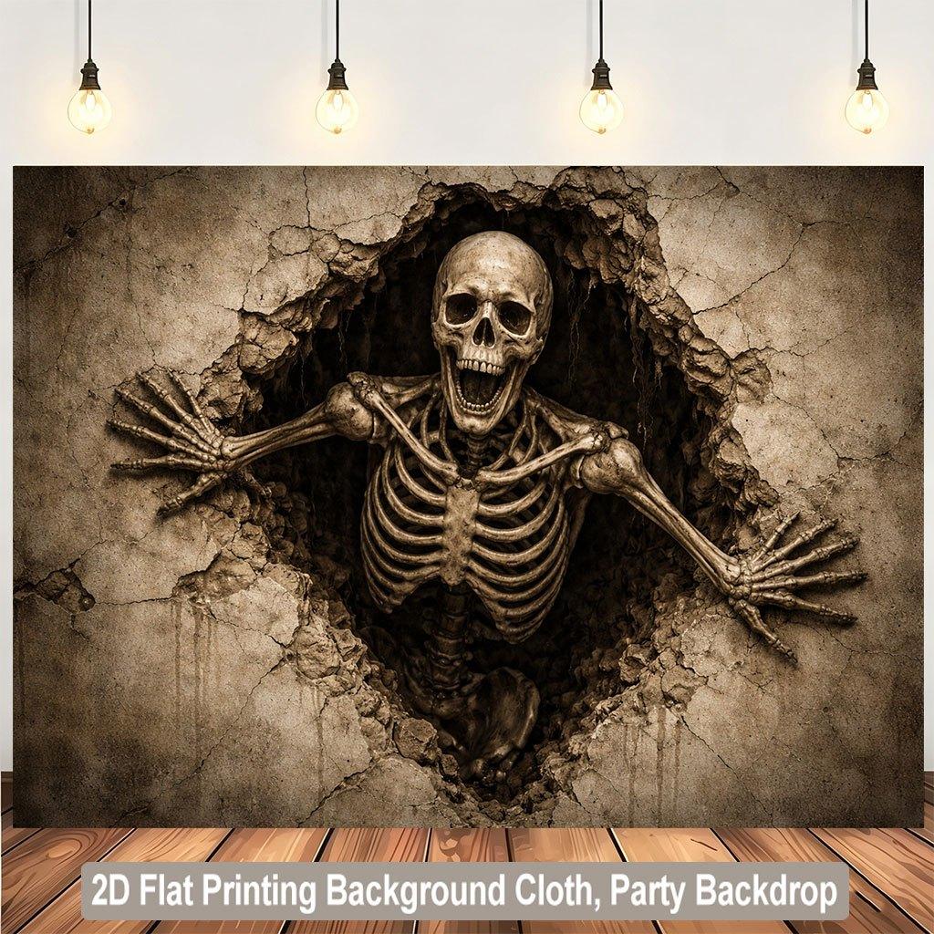 1 piece of 2D flat background fabric a background fabric featuring a protruding skeleton figure wooden wall panel.PMJ
