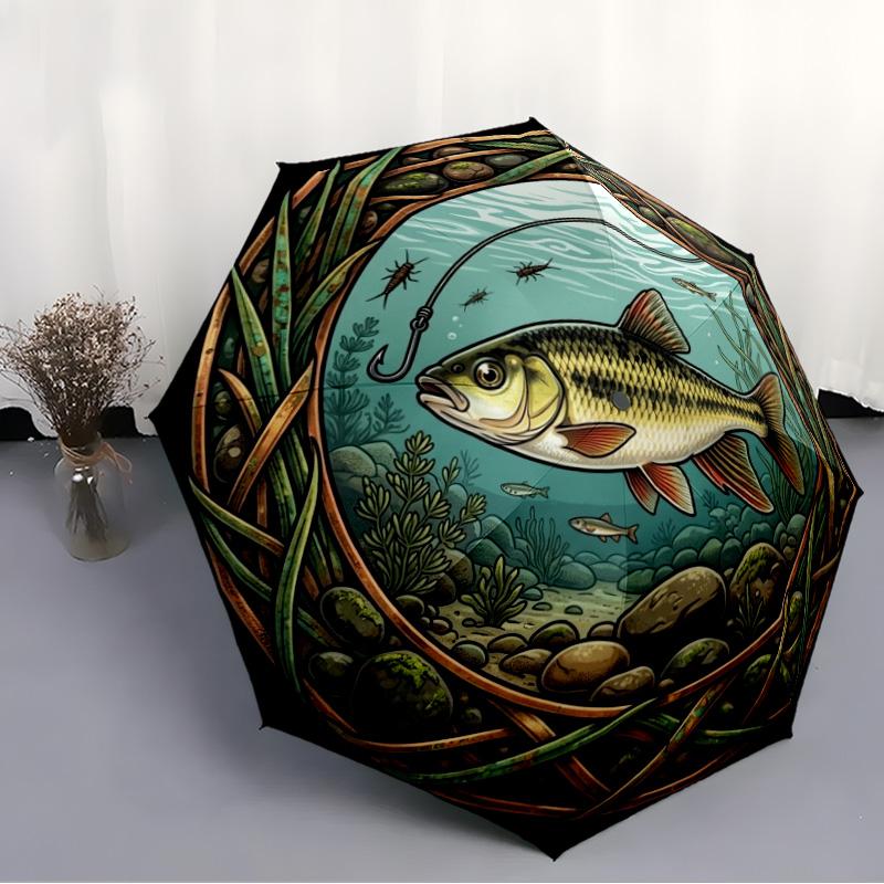 Hook Fish pattern umbrella, portable and foldable design, 8 ribs, a casual accessory for Halloween, Christmas, and birthday gifts.