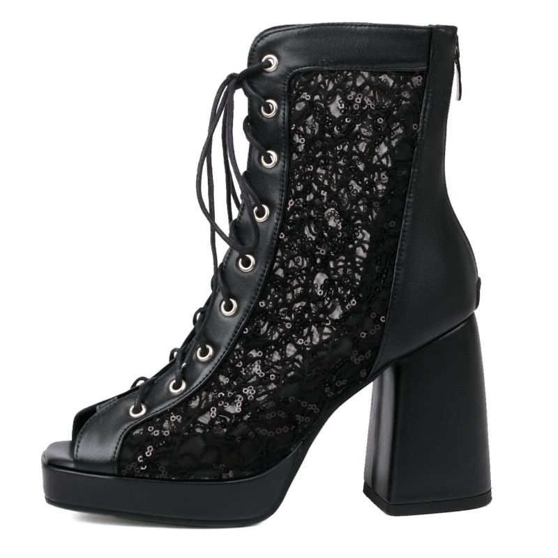 Модные летние ботинки женские танцевальные туфли сексуальные ботильоны с открытым носком сетчатые черные белые розовые высокие каблуки на шнуровке вечерние туфли женские большие размеры