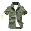 Men's Military Green Short Sleeve Casual Shirt with Chest Pockets, Outdoor Linen Fabric, Button-Up Collar