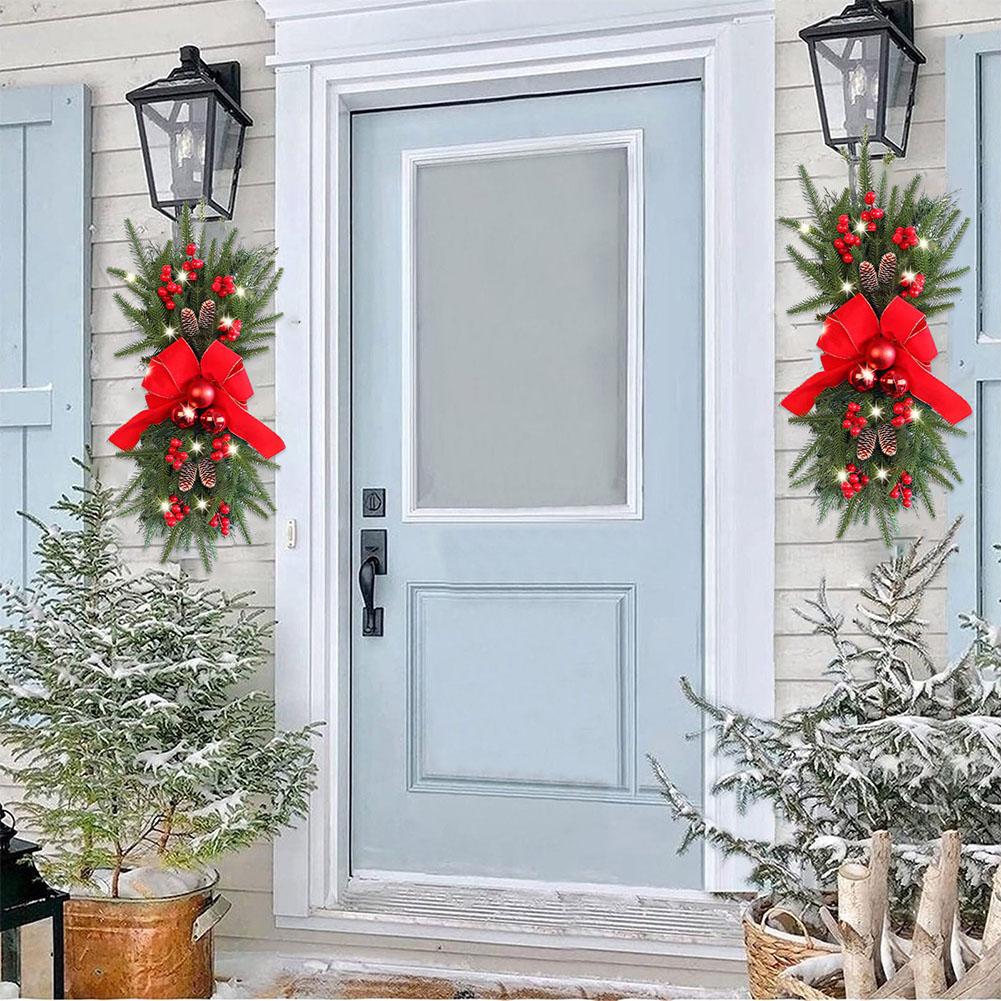 2 Pcs Xmas Stair Swag with Red Bow 18Inch Stairway Swag Trim Plastic Christmas Stair Garland for Stair Front Door Decoration