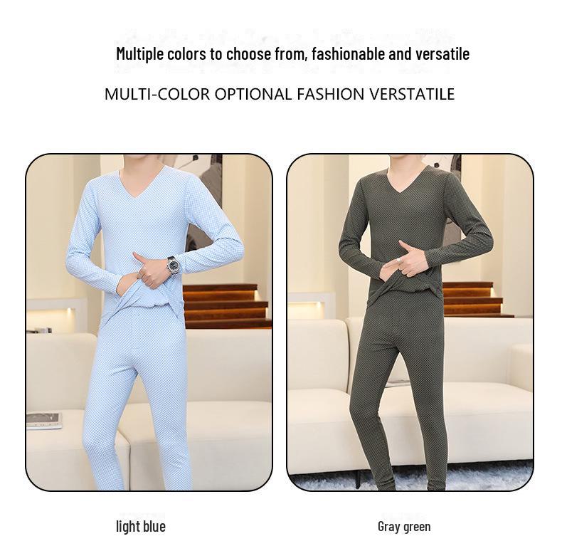 Мужской бесшовный комплект термобелья - Тонкая клетчатая ткань с V-образным вырезом на осень/зиму