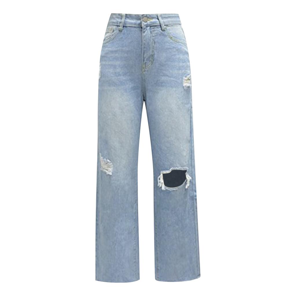 Женские джинсы длинные с высокой талией и рваными краями, удобные широкие брюки