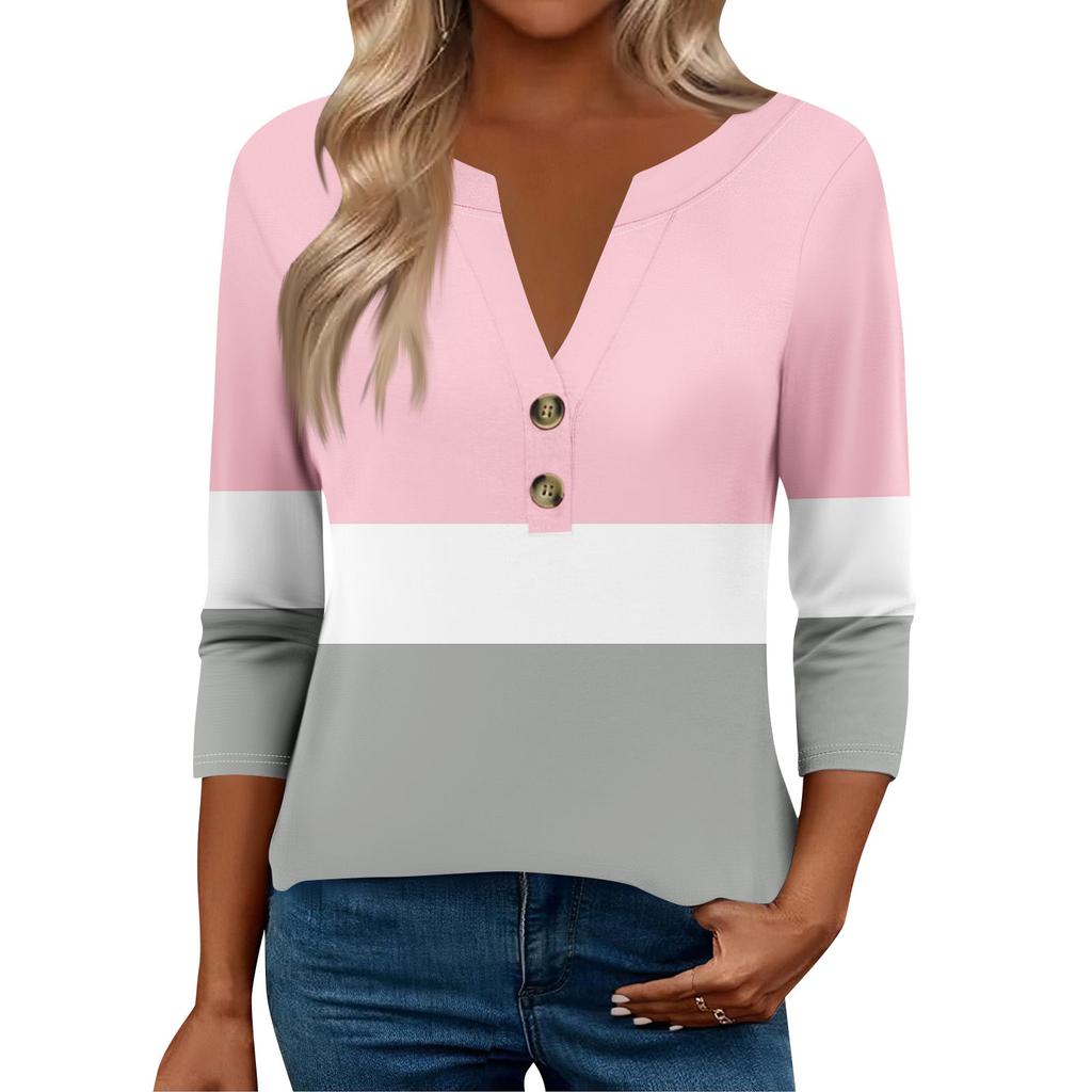 Женские топы с рукавом 3/4 для женщин, топы хенли на пуговицах с V-образным вырезом, нарядные летние женские топы свободного кроя