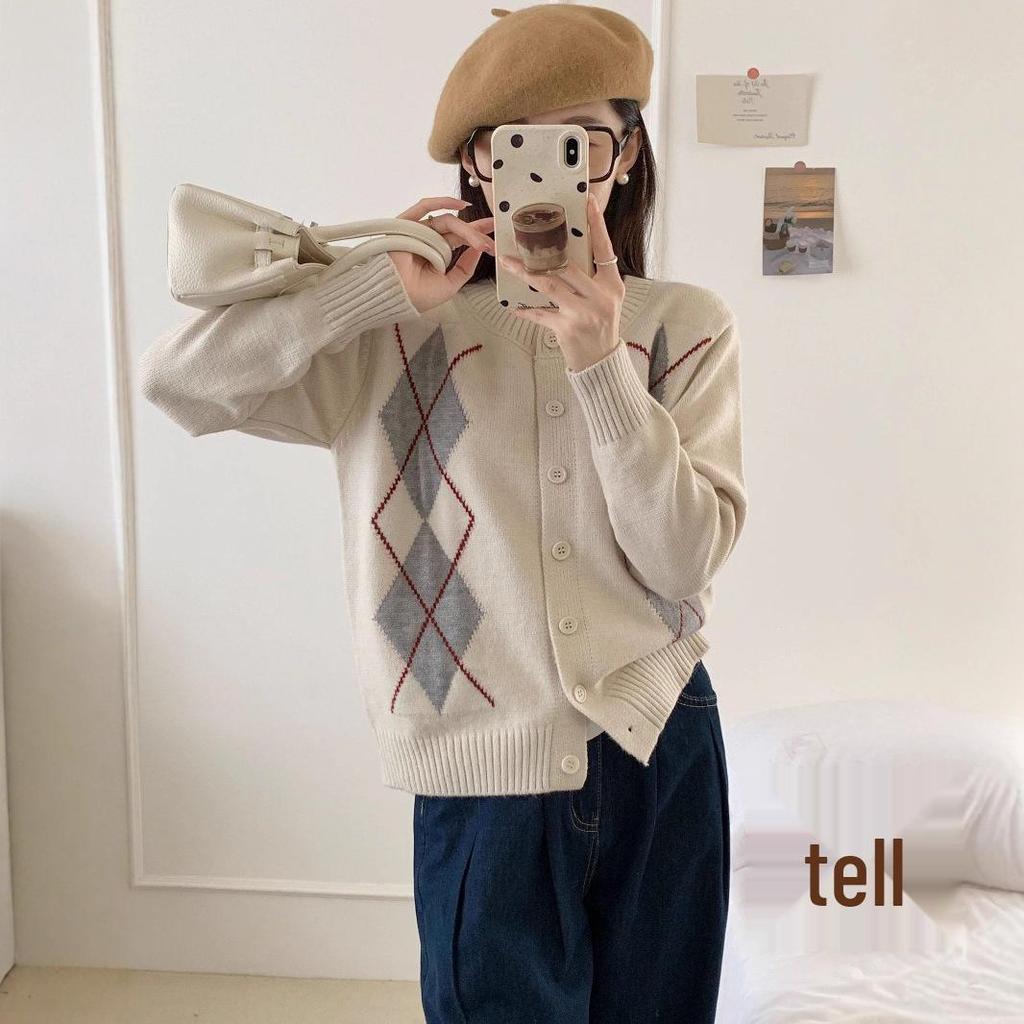 Женский кардиган из мериносовой шерсти с узором аргайл - Сексуальный свитер с круглым вырезом для осени/зимы