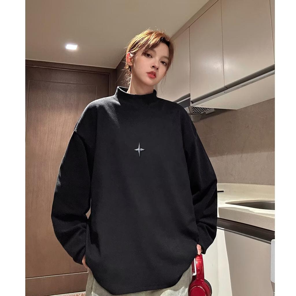 Женская осенняя толстовка с воротником-половиной, весенняя рубашка с капюшоном, винтажный пуловер со звездами Y2K, черно-белые топы
