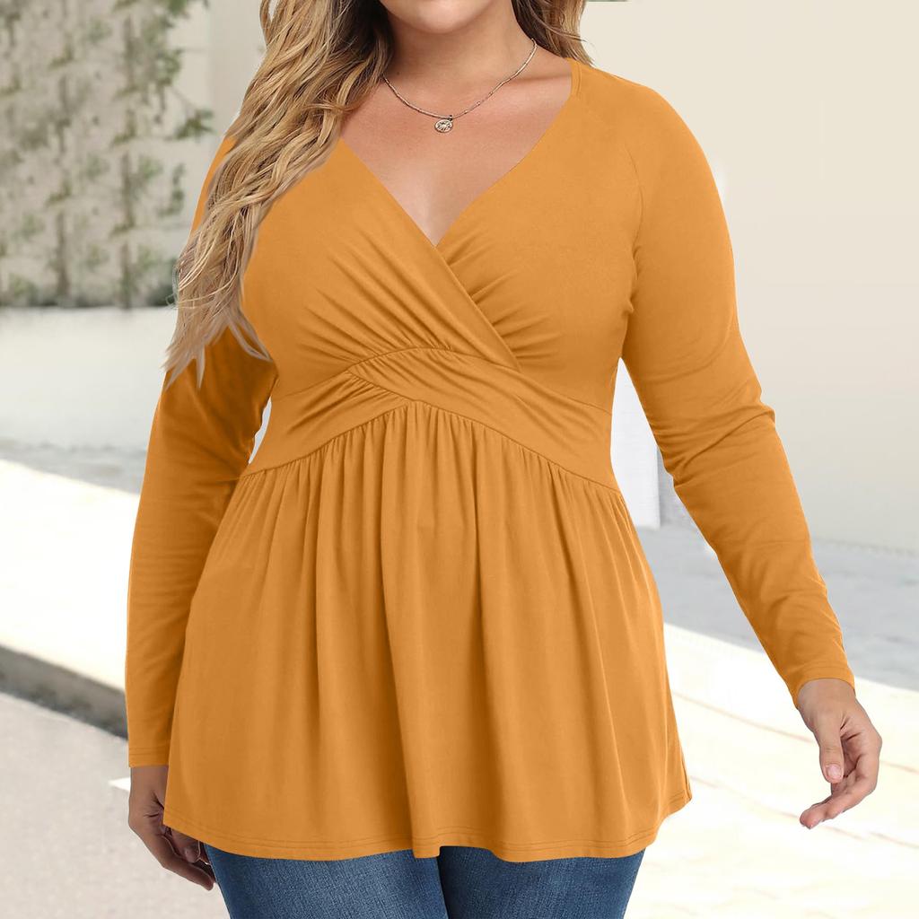 Women's Plus Size Shirt Long Sleeve Solid Color Top Pleated Casual V-Neck Top