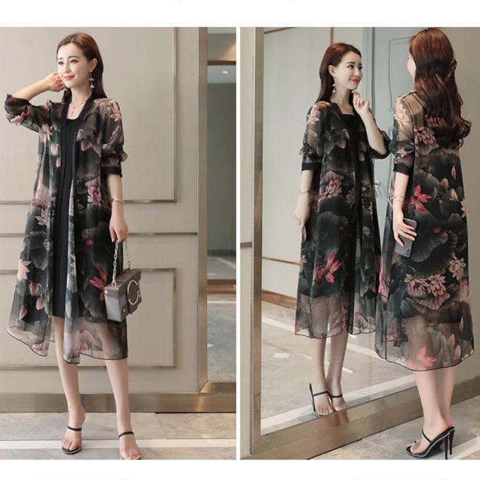 1 кусок шифонового кардигана средней длины, солнцезащитный женский, свободный, повседневный, большой размер, шаль с принтом, кондиционер, пляж