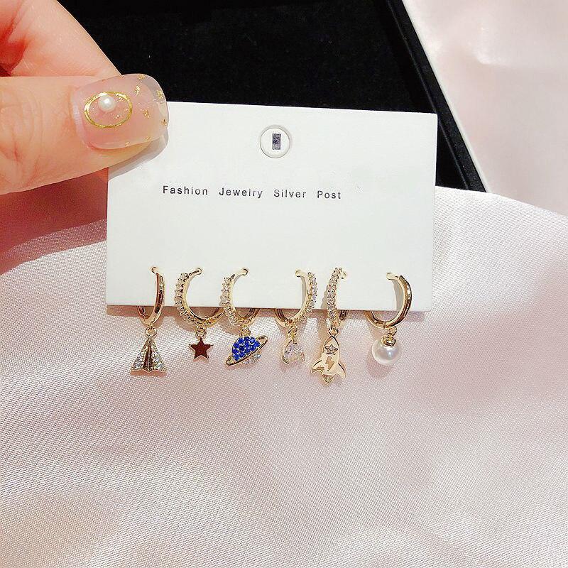 Модные серьги-кольца со звездами в виде самолетов и вселенной, комплект из 6 серег с микрокубическим цирконием для женщин, ювелирные изделия S-E1116