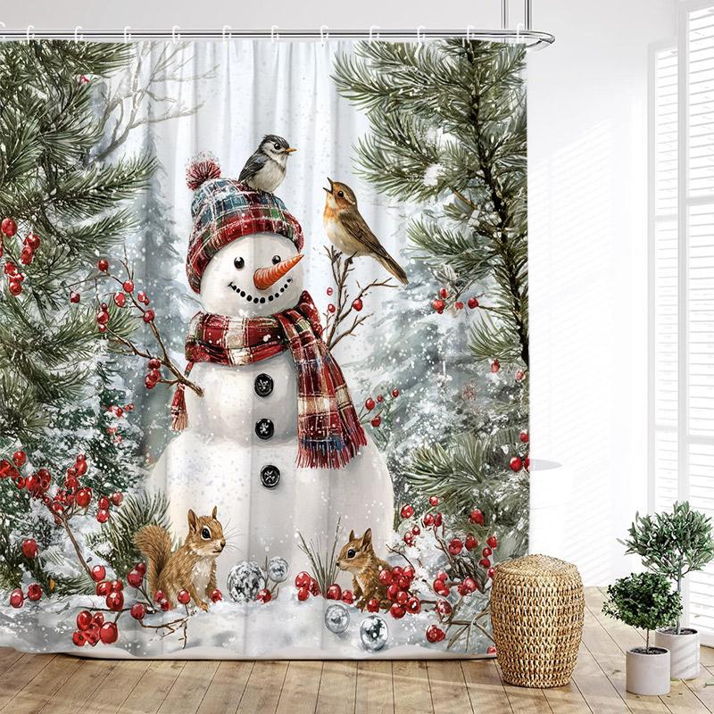 Cute Snowman Shower Curtain Winter Forest Pine Tree Snowflake New Year Christmas Bath Curtains Fabric Bathroom Decor With Hook