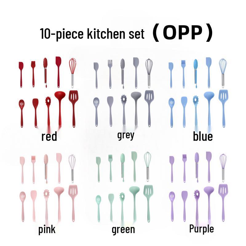Силиконовый набор кухонной утвари: Половник, Лопатка, Скребок, Лопатка для переворачивания, Кисти для масла и смазывания, Венчик, Щипцы для приготовления пищи и выпечки.