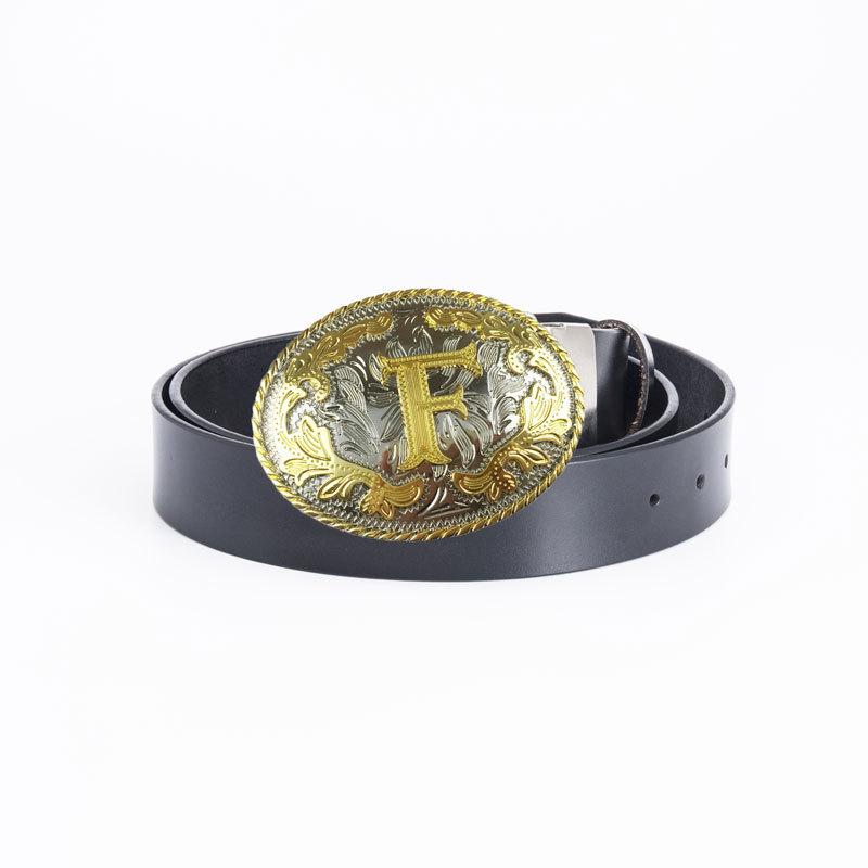 Gold Men's Belt Whole Two-layer Cowhide Fashionable Retro F Letter Belt Plate Buckle