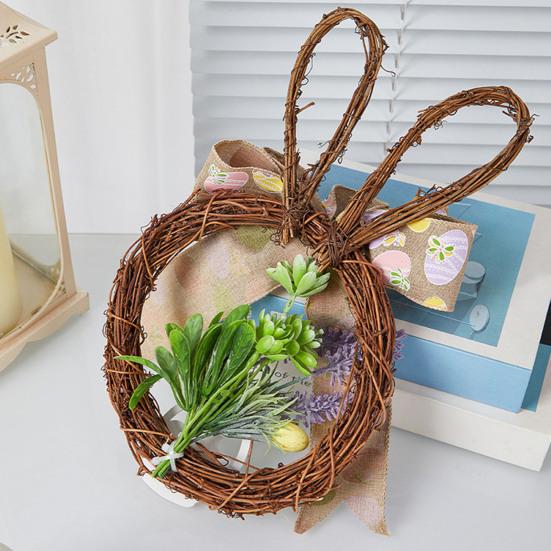 Венок пасхального кролика из ротанга, плетеный в форме кролика, венок с бантом, искусственная зелень для камина, двери, стены, окна, декор