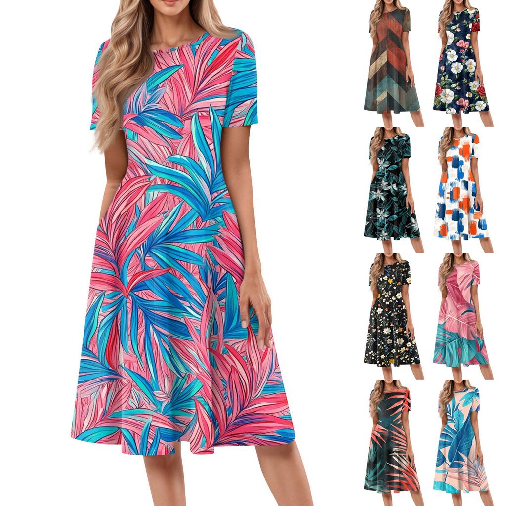 Women's Fashionable Print Round Neck Loose Short Sleeved Pocket Pullover Dress