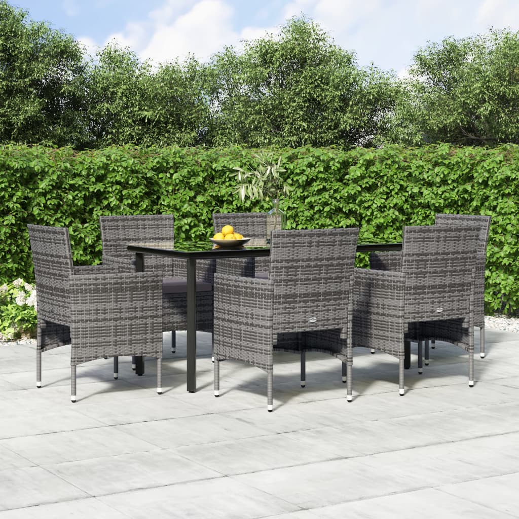 7 Piece Garden Dining Set with Cushions in Gray and Black