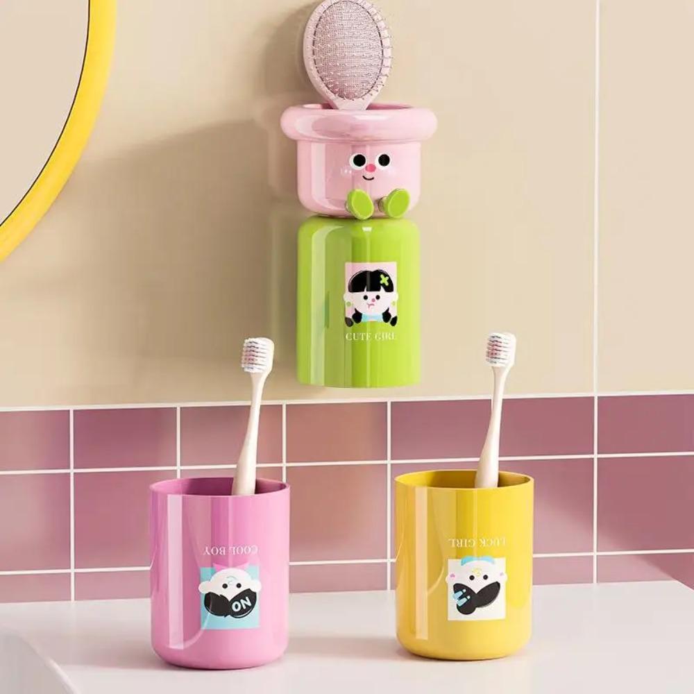 Cartoon toothbrush holder 1 set wall mounted non perforated bathroom storage rack cup storage accessory