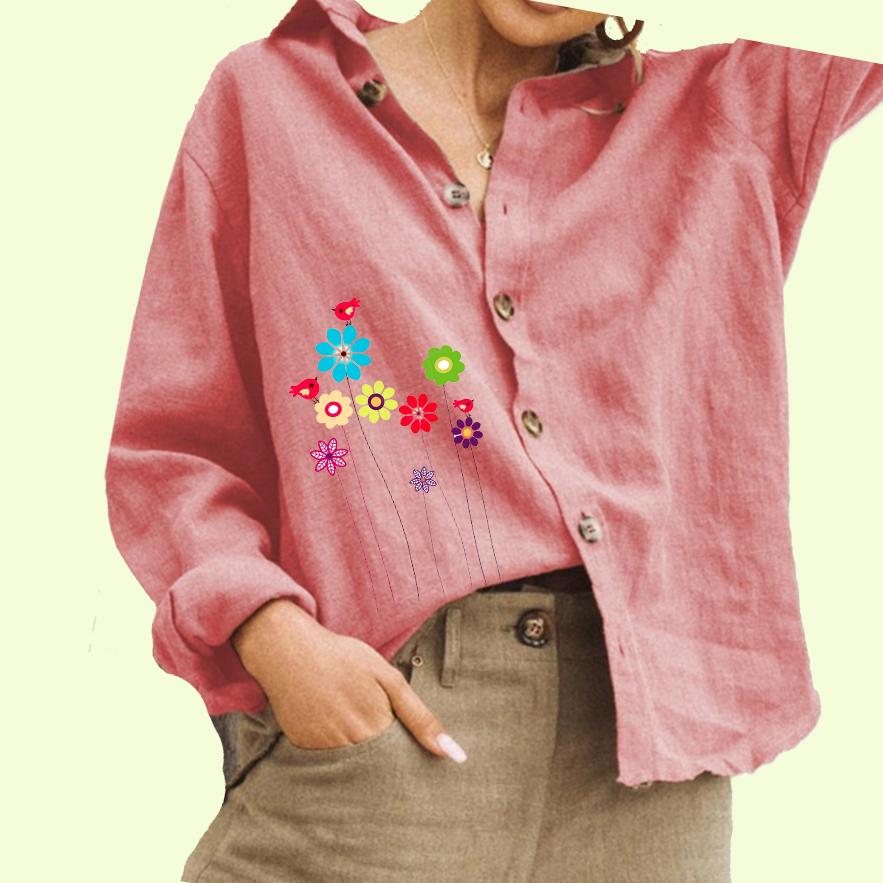 Женская модная рубашка с цветочным принтом, женская повседневная блузка на пуговицах из хлопка и льна с длинными рукавами