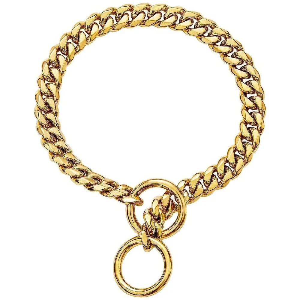 Gold Chain Dog Collar 10mm Fashion Dog Cuban Link Pet Gold Necklace Metal Puppy Jewelry Bulldog P Chain Pet Training Slip Collar