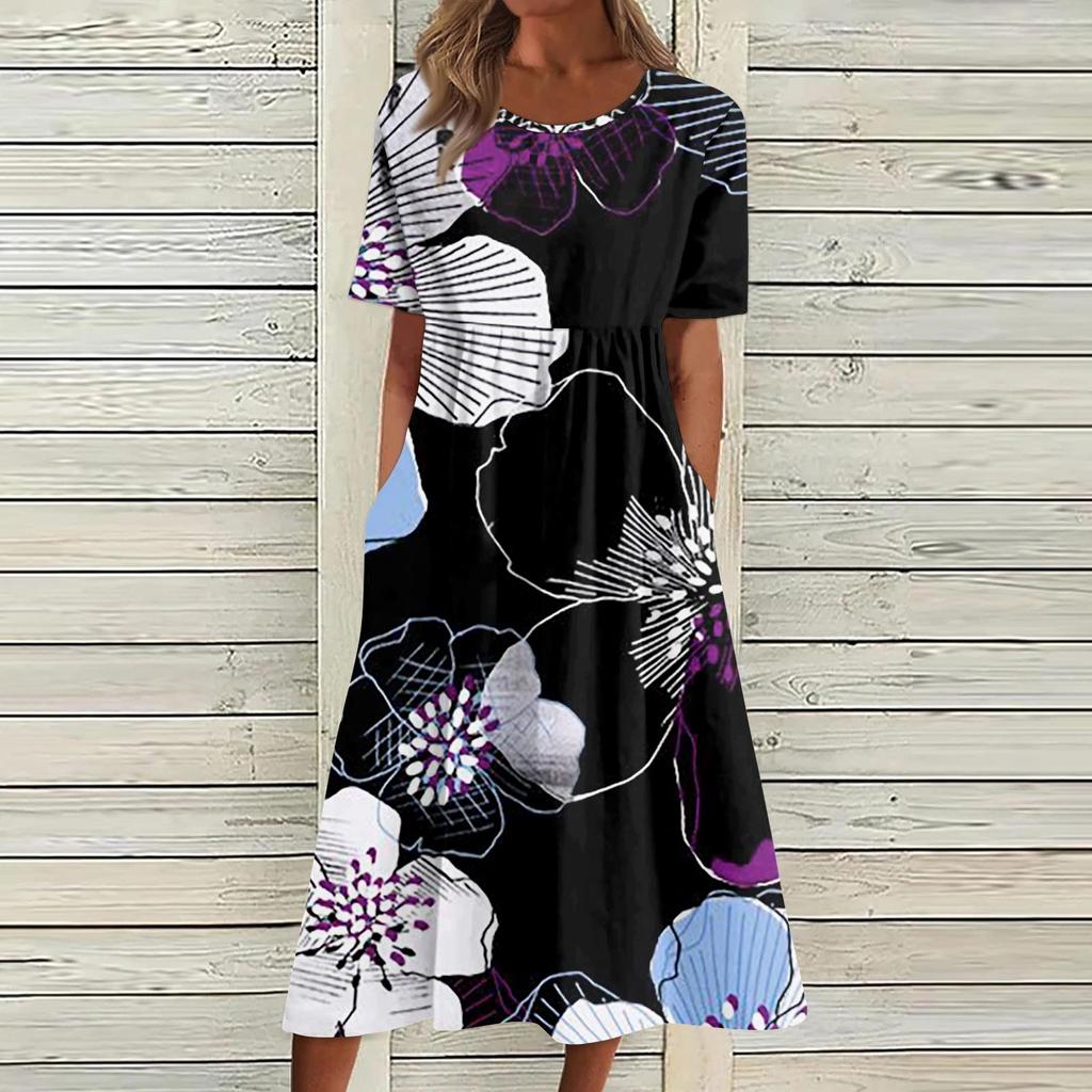 Women's Casual Dresses Printed Dresses Summer Dresses Printed Pleated Round Neck Midi Dresses Basic Classic Outdoor Daily Short Sleeve Loose Dresses