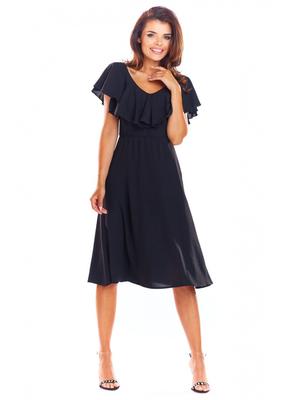 Elegant, Flared Midi Dress with Covered Shoulders and a V-neck, Black M