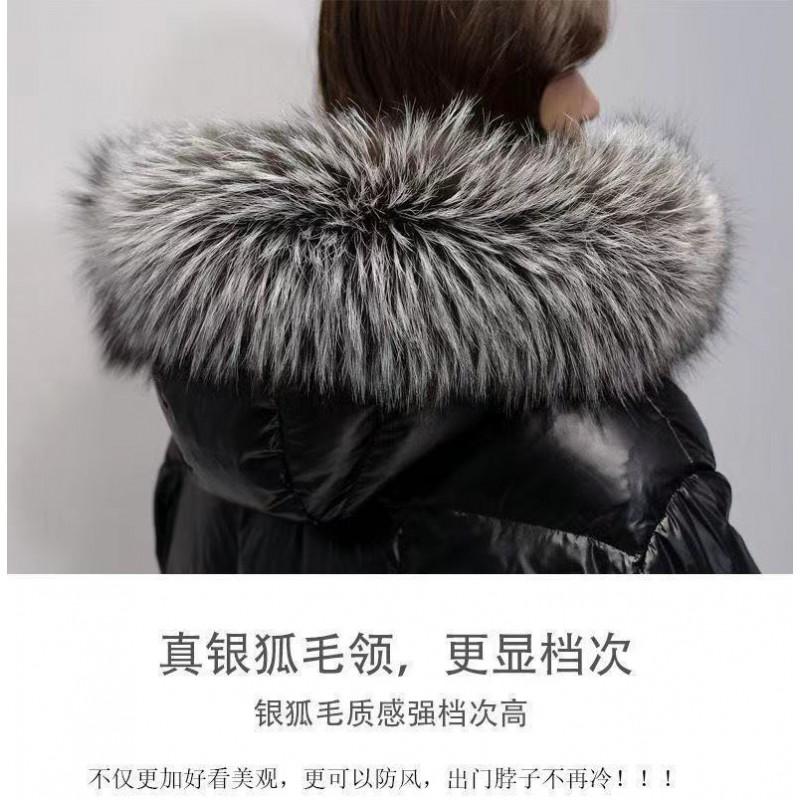 Womens Oversized Knee-Length Puffer Coat Black Glossy With Detachable Faux Fur Collar Warm Winter Outerwear