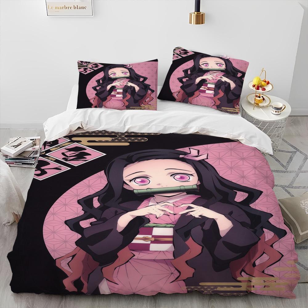 Demon Slayer Bedding Set Kamado Nezuko Duvet Cover Set Bedspread Pillowcase King Queen Full Single Size Bed Linen Kids Teen Gift