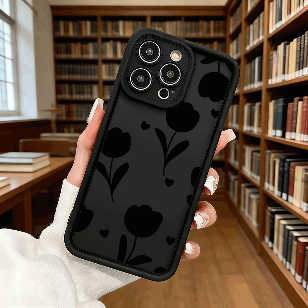 Black Tulip Flower Pattern Luxury Anti-Slip TPU Phone Case For Xiaomi Redmi Note 15 14 13 12 11 10 9 Pro Full Protective Cover