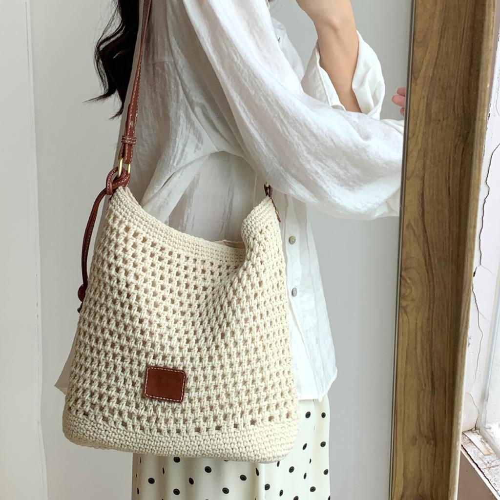Casual Simple Hollow Cotton Thread Woven Bag Women'S Summer Pastoral One Shoulder Messenger Bag Large Capacity Tote Bag