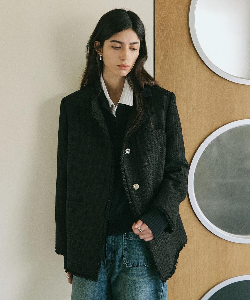 ARTID Oversized Collarless Tweed Jacket_Black