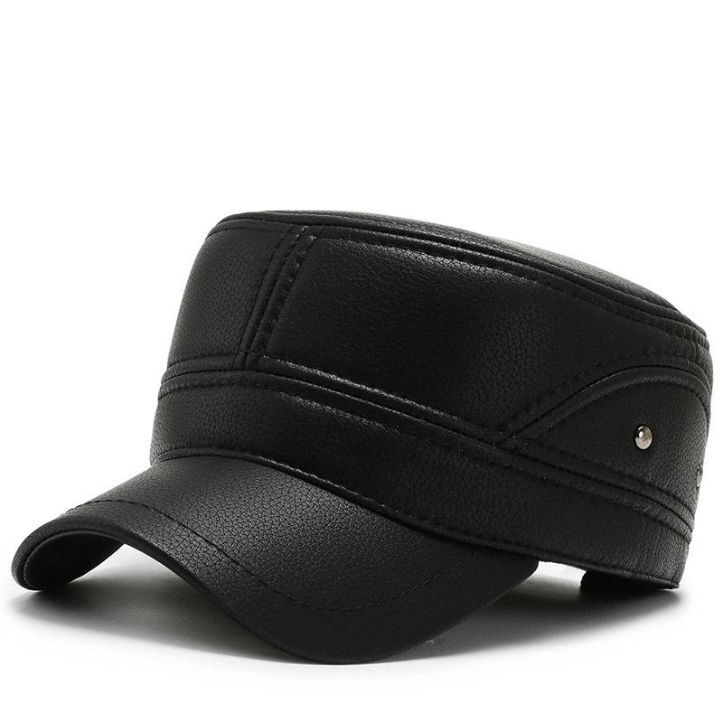 New Flat Top Hat Men's Casual Leather Hat Winter Cotton Warm and Cold Military Hat Men's Ear Protection Hat