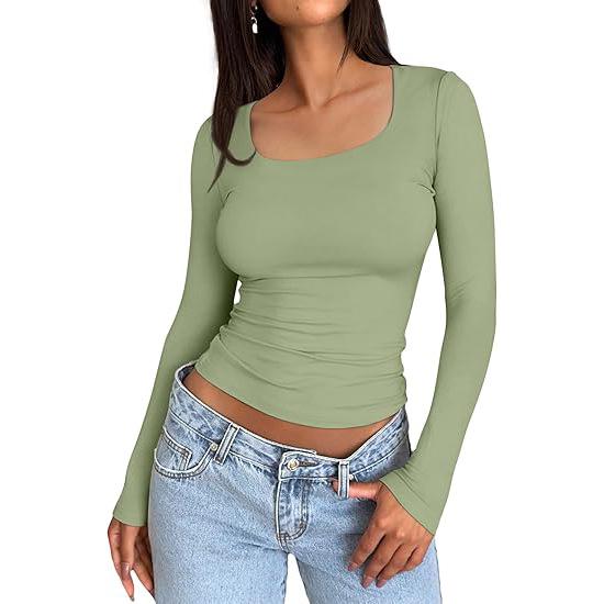 European & American Women's Slim-fit Milk Silk Long-sleeve Navel-baring T-shirt - Autumn Fashion Pullover.