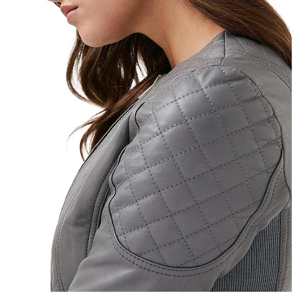 NOORA Женская серая стеганая байкерская кожаная куртка из натуральной овчины с молнией и карманом | Персонализированная куртка | Подарок для нее