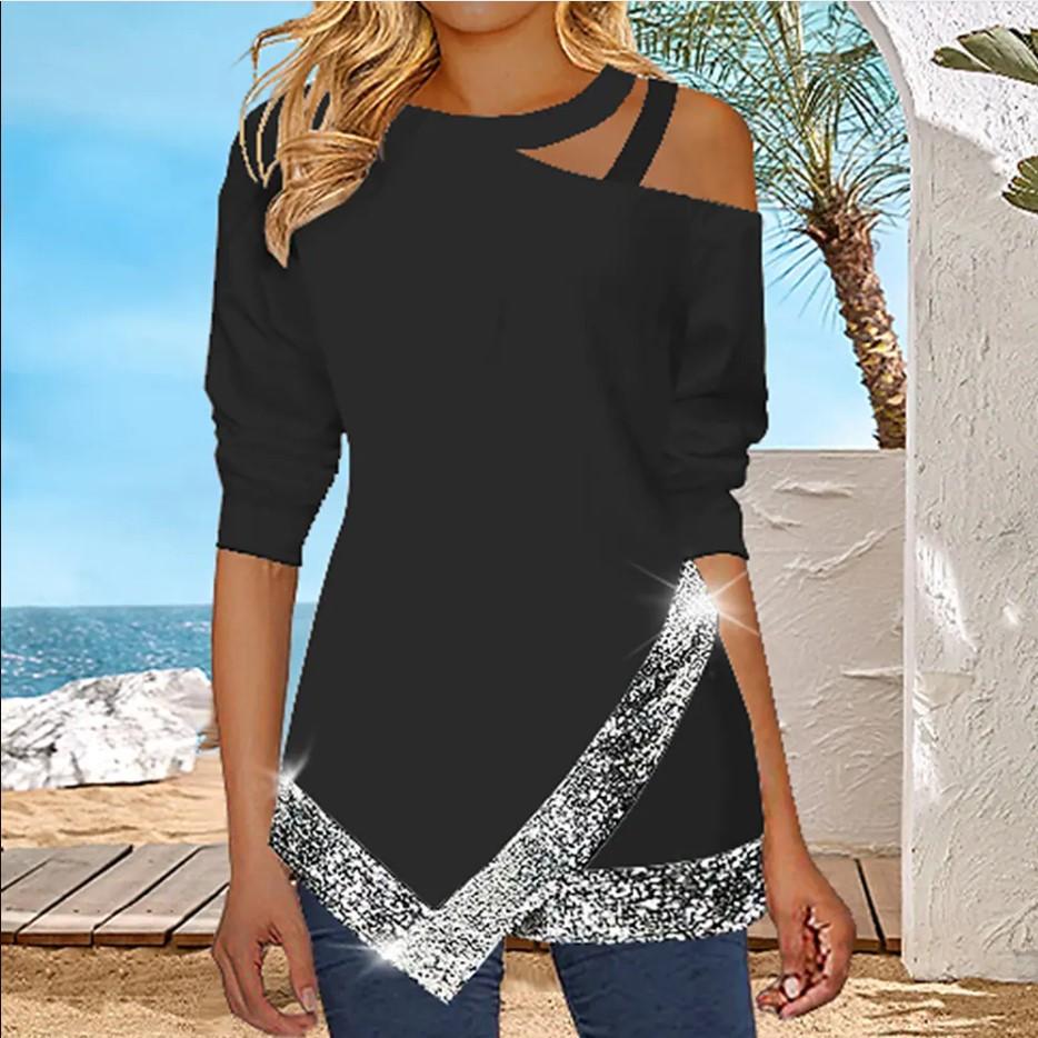Women's Halterneck Off-shoulder Irregular Sequined Long-sleeved T-shirt