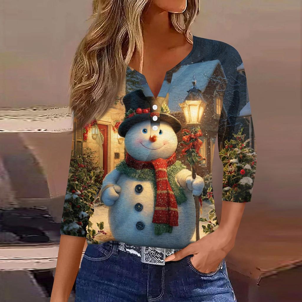 Women's Fashionable Casual Christmas Printed V-neck Three-quarter Sleeve Decorated Button Top