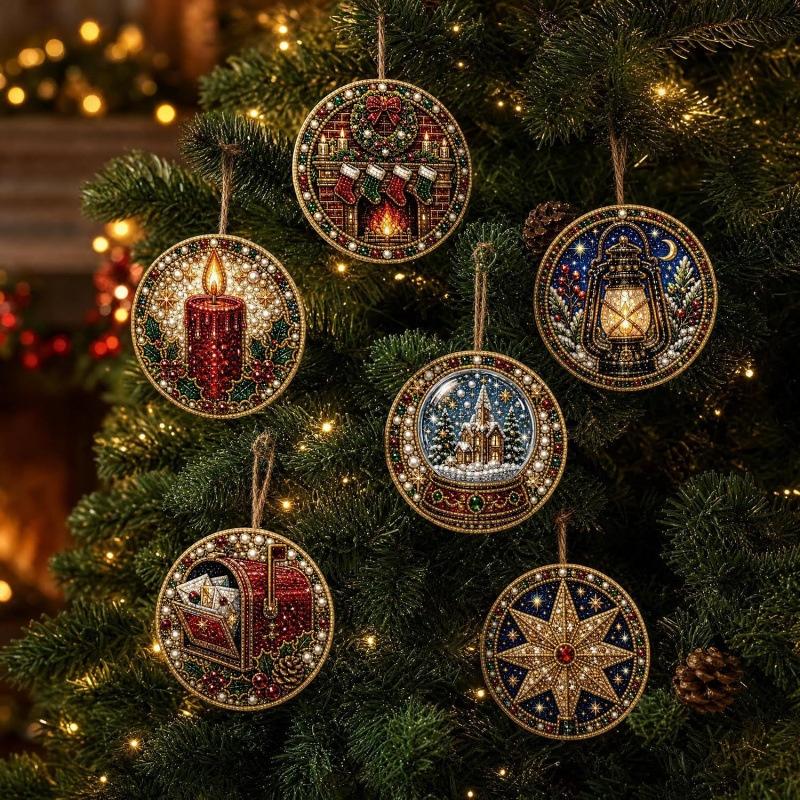 6PCS Christmas Wooden Ornaments DIY Kit Unfinished Diamond Painting Beads for Tree Hanging Holiday Home Craft Decor Supplies