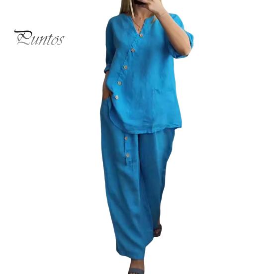 2 Pcs/Set Blouse Pants Set V Neck Button Decor Three Quarter Sleeves Top Wide Leg Loose Elastic Waist Trousers OL Commute Casual Homewear Outfit