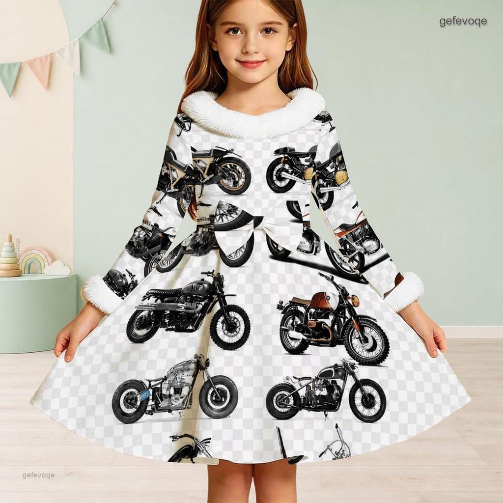Little Girls White High Neck Fuzzy Trim Long Sleeve Tie Waist Motorcycle Printed A Line Flared Dress